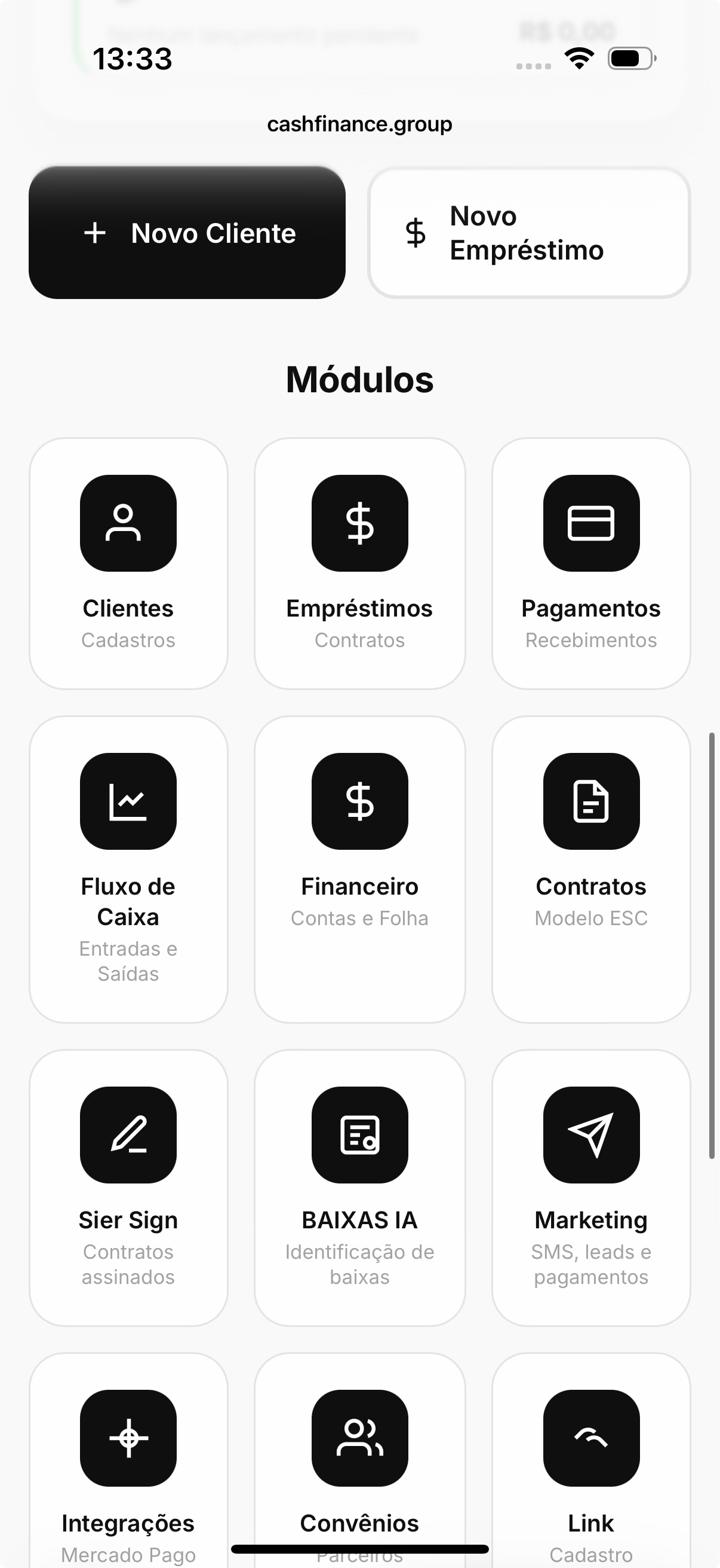 Menu de módulos do BSPay