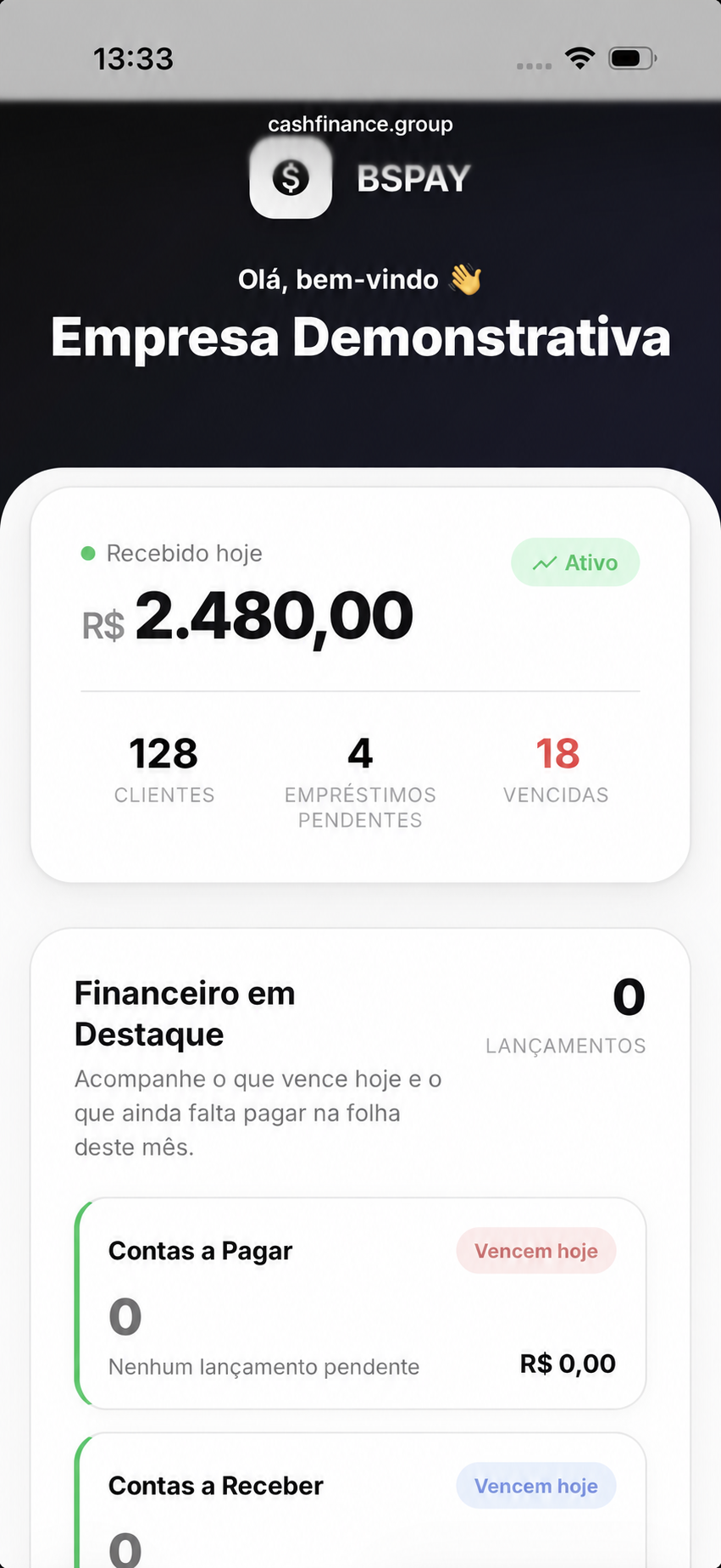 Painel inicial demonstrativo do BSPay