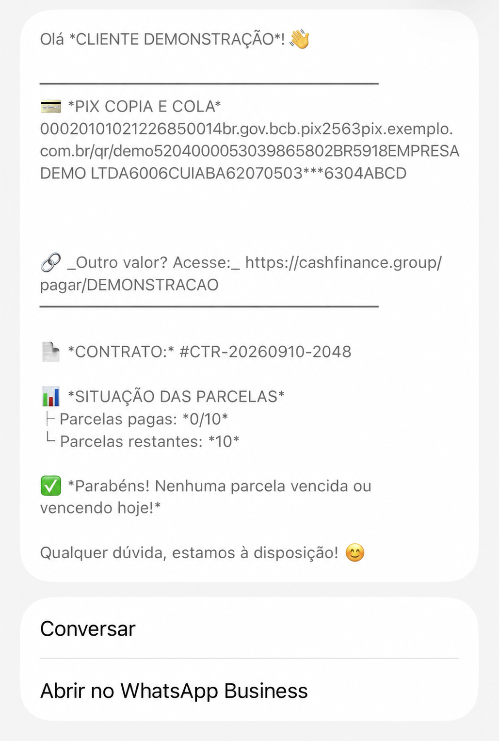 Mensagem demonstrativa de cobrança com Pix no BSPay