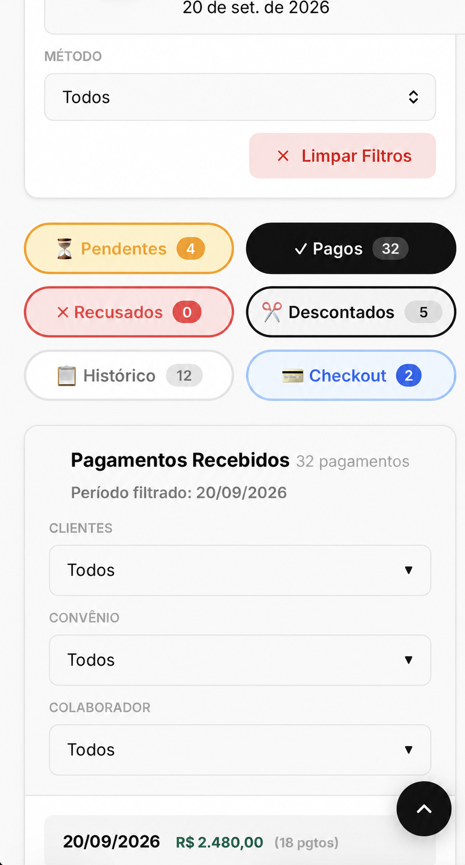 Filtros e status demonstrativos de pagamentos no BSPay