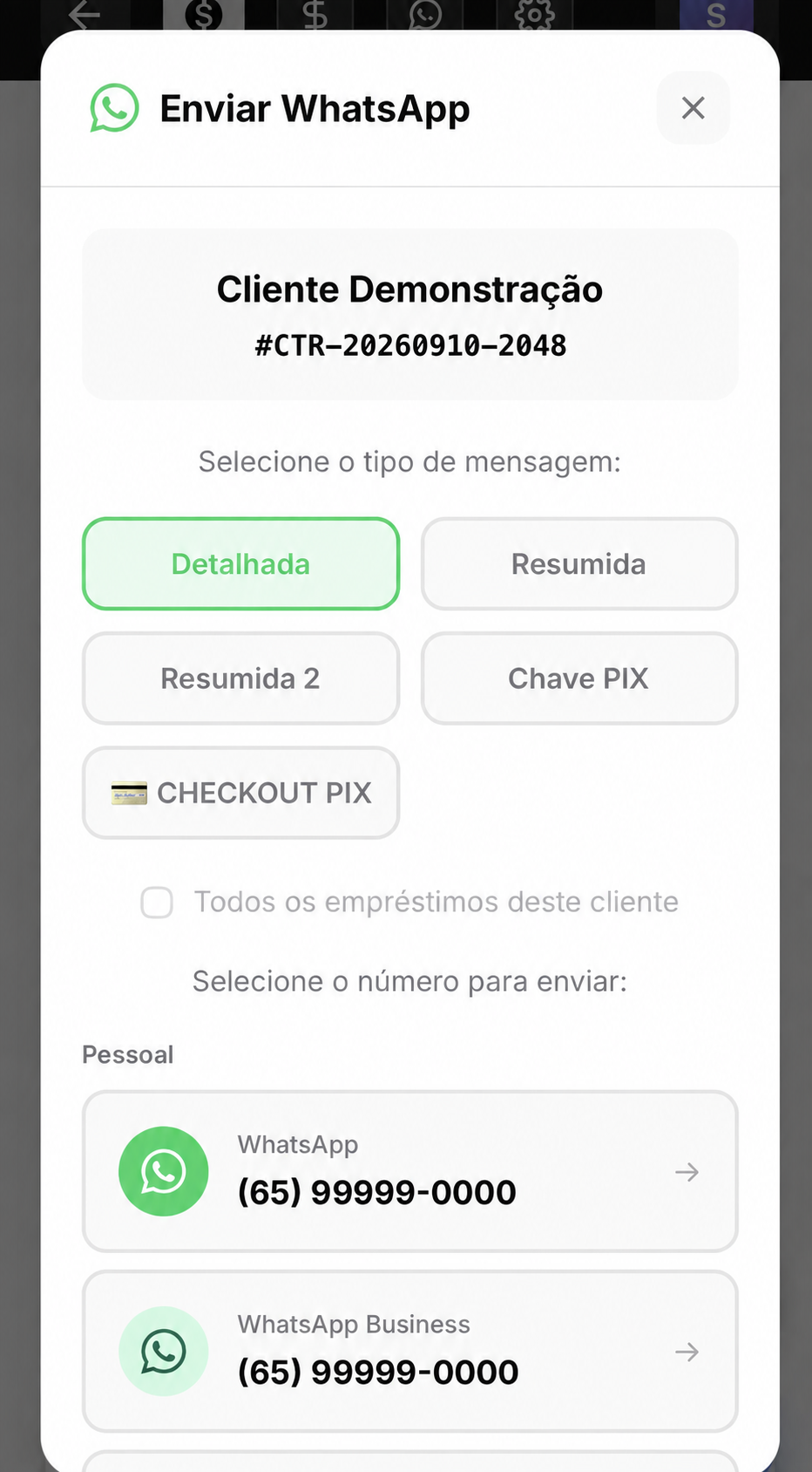 Envio demonstrativo de cobrança pelo WhatsApp no BSPay